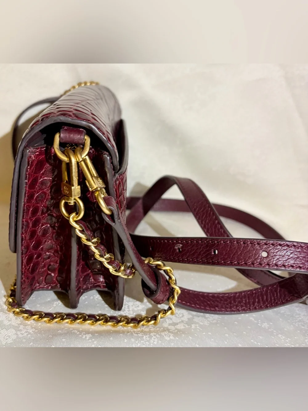 Tory Burch Wine Croc-Embossed Chain Crossbody